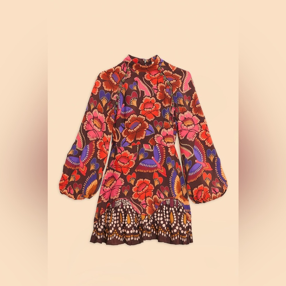 FARM Rio Floral Long Sleeve Dress - Red Brown Purple - Picture 6 of 12